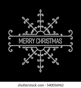 Silver textured inscription Merry Christmas in retro border. Vintage design element for label, frame, border, badge, logo for festive banner, invitation, postcard, card, vignette. Vector illustration.