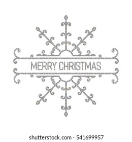 Silver textured inscription Merry Christmas in retro border. Vintage design element for label, frame, border, badge, logo for festive banner, invitation, postcard, card, vignette. Vector illustration.