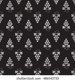 Silver textured seamless pattern of grapes on black background. Vintage design for textile, paper packaging, wrapping paper, fabric, banner, invitation, card, certificate, menu. Vector illustration.