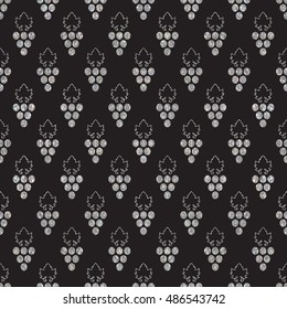Silver textured seamless pattern of grapes on black background. Vintage design for textile, paper packaging, wrapping paper, fabric, banner, invitation, card, certificate, menu. Vector illustration.