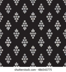 Silver textured seamless pattern of grapes on black background. Vintage design for textile, paper packaging, wrapping paper, fabric, banner, invitation, card, certificate, menu. Vector illustration.