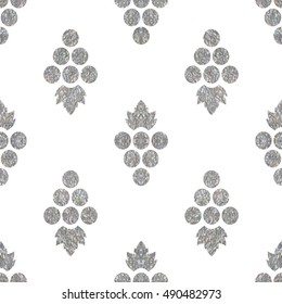Silver textured seamless pattern of grapes on white background. Vintage design for textile, paper packaging, wrapping paper, fabric, banner, invitation, card, certificate, menu. Vector illustration.
