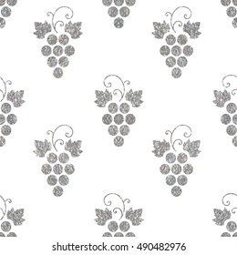 Silver textured seamless pattern of grapes on white background. Vintage design for textile, paper packaging, wrapping paper, fabric, banner, invitation, card, certificate, menu. Vector illustration.