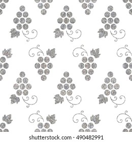 Silver textured seamless pattern of grapes on white background. Vintage design for textile, paper packaging, wrapping paper, fabric, banner, invitation, card, certificate, menu. Vector illustration.