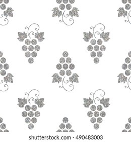 Silver textured seamless pattern of grapes on white background. Vintage design for textile, paper packaging, wrapping paper, fabric, banner, invitation, card, certificate, menu. Vector illustration.