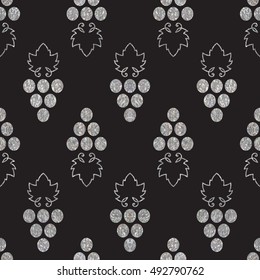 Silver textured seamless pattern of grapes on black background. Vintage design for textile, paper packaging, wrapping paper, fabric, banner, invitation, card, certificate, menu. Vector illustration.