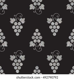 Silver textured seamless pattern of grapes on black background. Vintage design for textile, paper packaging, wrapping paper, fabric, banner, invitation, card, certificate, menu. Vector illustration.