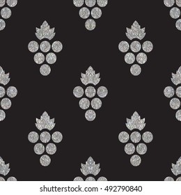 Silver textured seamless pattern of grapes on black background. Vintage design for textile, paper packaging, wrapping paper, fabric, banner, invitation, card, certificate, menu. Vector illustration.