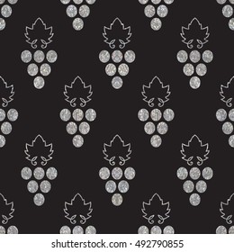 Silver textured seamless pattern of grapes on black background. Vintage design for textile, paper packaging, wrapping paper, fabric, banner, invitation, card, certificate, menu. Vector illustration.