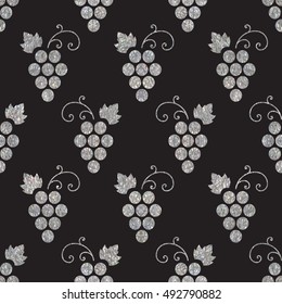 Silver textured seamless pattern of grapes on black background. Vintage design for textile, paper packaging, wrapping paper, fabric, banner, invitation, card, certificate, menu. Vector illustration.