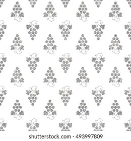Silver textured seamless pattern of grapes on white background. Vintage design for textile, paper packaging, wrapping paper, fabric, banner, invitation, card, certificate, menu. Vector illustration.