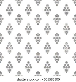 Silver textured seamless pattern of grapes on white background. Vintage design for textile, paper packaging, wrapping paper, fabric, banner, invitation, card, certificate, menu. Vector illustration.
