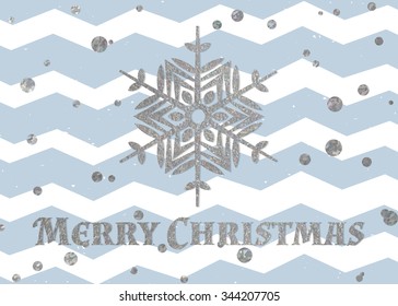 Silver textured snowflake and inscription Merry Christmas on modern blue background with silver confetti. Design element for festive banner, card, invitation, postcard. Vector illustration.