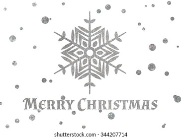 Silver textured snowflake and inscription Merry Christmas on white background with silver confetti. Design element for festive banner, card, invitation, postcard. Vector illustration.