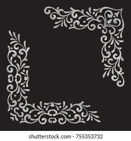 Silver textured vintage corners on black background. Elegant hand drawn retro floral border. Design element for wedding invitation or menu, banner, postcard, save the date card. Vector illustration.