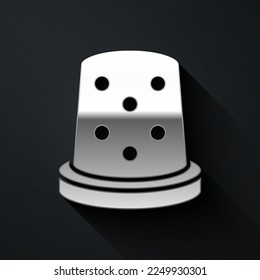 Silver Thimble for sewing icon isolated on black background. Long shadow style. Vector