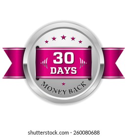 Silver thirty days money back badge with purple ribbon on white background