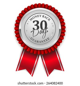 Silver thirty days money back badge with red ribbon