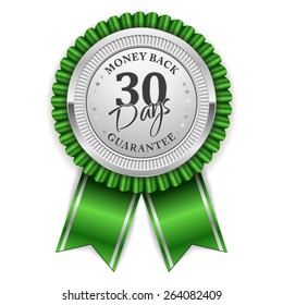 Silver thirty days money back badge with green ribbon
