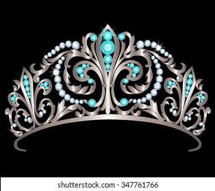 Silver tiara decorated with diamonds and aquamarines