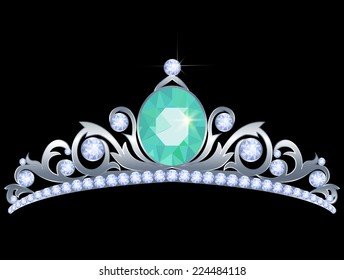 Silver tiara with diamonds and aquamarine on black background
