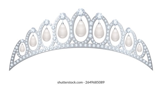 Tiara de prata com pérolas brancas, lágrimas e diamantes para a princesa.