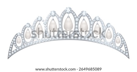 Silver tiara with white pearls teardrops and diamonds for princess.