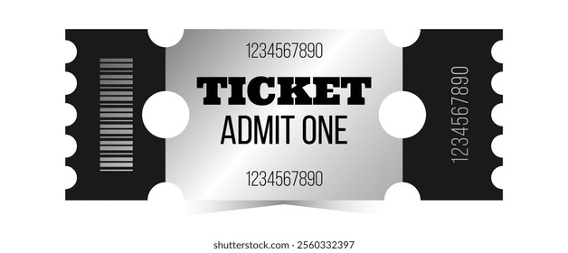 Silver ticket, admit one template. Cinema, theater, casino, concert, opera, ballet, performance chrome design. Vector illustration on white background