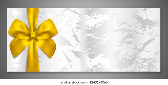 Silver ticket, Gift Certificate / Gift Voucher vector template with gold bow. Holiday reward card design with corrugated background. For Coupon, any festival, party, cinema, event, entertainment show