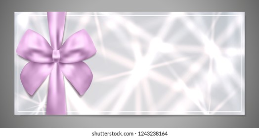 Silver ticket, Gift Certificate / Gift Voucher vector template with purple bow. Holiday reward card design with corrugated background. For Coupon, any festival, party, cinema, event, entertainment sho
