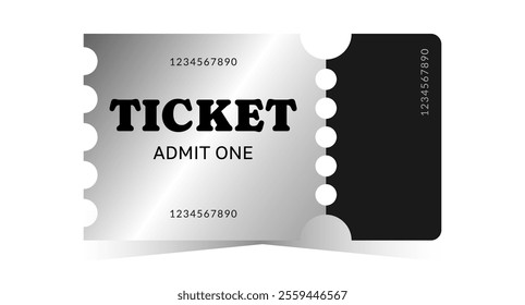 Silver ticket template. Cinema, theater, casino, opera, ballet, performance chrome design. Metal gradient coupon. Vector illustration on white background