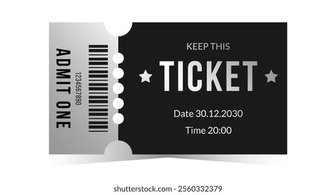 Silver ticket template. Cinema, theater, casino, concert, opera, ballet, performance chrome design. Metal gradient coupon, text, barcode. Vector illustration on white background