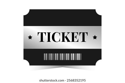 Silver ticket template. Cinema, theater, casino, concert, opera, ballet, performance chrome design. Metal gradient coupon, barcode. Vector illustration on white background