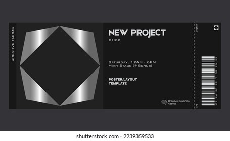 Silver ticket vector template with abstract vector geometric shapes. Brutalism-inspired graphics. Great for branding presentation, poster, cover, art, tickets, prints, etc.