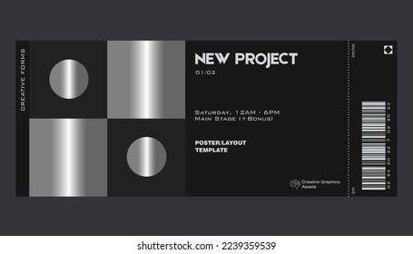 Silver Ticket Vektor Vorlage mit abstrakten, geometrischen Vektorformen. Von Brutalismus inspirierte Grafiken. Ideal für Branding-Präsentation, Poster, Cover, Kunst, Tickets, Drucke, etc.