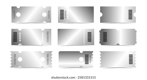 Silver tickets template set. Empty chrome coupon blank with barcode and number. Vector illustration collection on white background