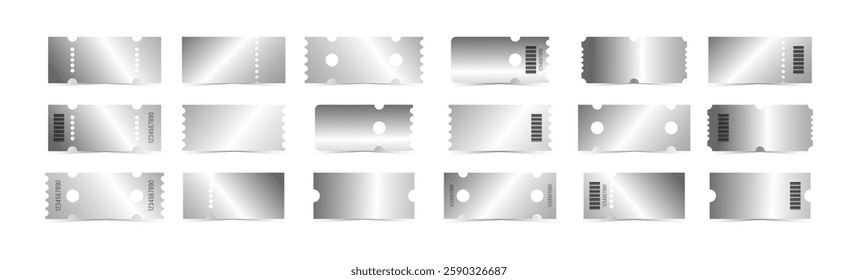 Silver tickets template set. Empty chrome coupon blank with barcode and number. Vector illustration collection isolated on white background