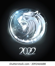 Silver tiger profile portrait on vector poster 2022 new year