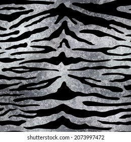 Silver Tiger seamless pattern. Vector white gold wild animal skin textured background, black stripes on gray shiny foil background luxury print. Abstract jungle safari texture for wallpapers, design.