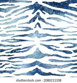 Silver Tiger seamless pattern. Vector metal wild animal skin textured background, blue shiny foil stripes on white background luxury print. Abstract jungle safari texture for wallpapers, design.