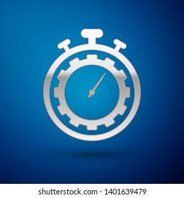 Silver Time Management icon isolated on blue background. Clock and gear sign. Productivity symbol. Vector Illustration