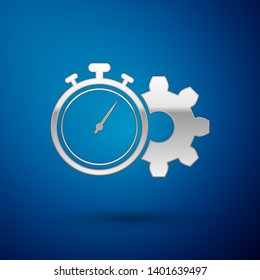 Silver Time Management icon isolated on blue background. Clock and gear sign. Productivity symbol. Vector Illustration
