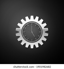 Silver Time Management icon isolated on black background. Clock and gear sign. Productivity symbol. Long shadow style. Vector.