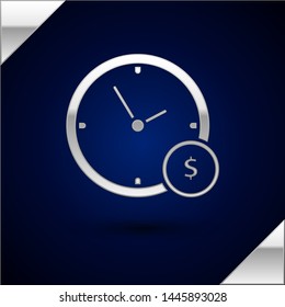 Silver Time is money icon isolated on dark blue background. Money is time. Effective time management. Convert time to money.  Vector Illustration