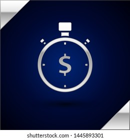 Silver Time is money icon isolated on dark blue background. Money is time. Effective time management. Convert time to money. Stopwatch sign.  Vector Illustration