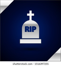 Silver Tombstone with RIP written on it icon isolated on dark blue background. Grave icon.  Vector Illustration