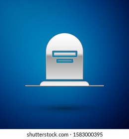 Silver Tombstone with RIP written on it icon isolated on blue background. Grave icon.  Vector Illustration