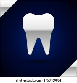 Silver Tooth icon isolated on dark blue background. Tooth symbol for dentistry clinic or dentist medical center and toothpaste package.  Vector Illustration
