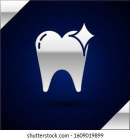 Silver Tooth whitening concept icon isolated on dark blue background. Tooth symbol for dentistry clinic or dentist medical center.  Vector Illustration