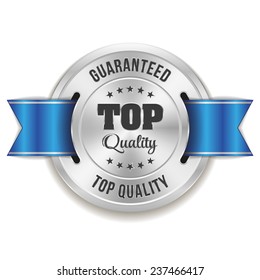 Silver Top Quality Badge With Blue Ribbon On White Background